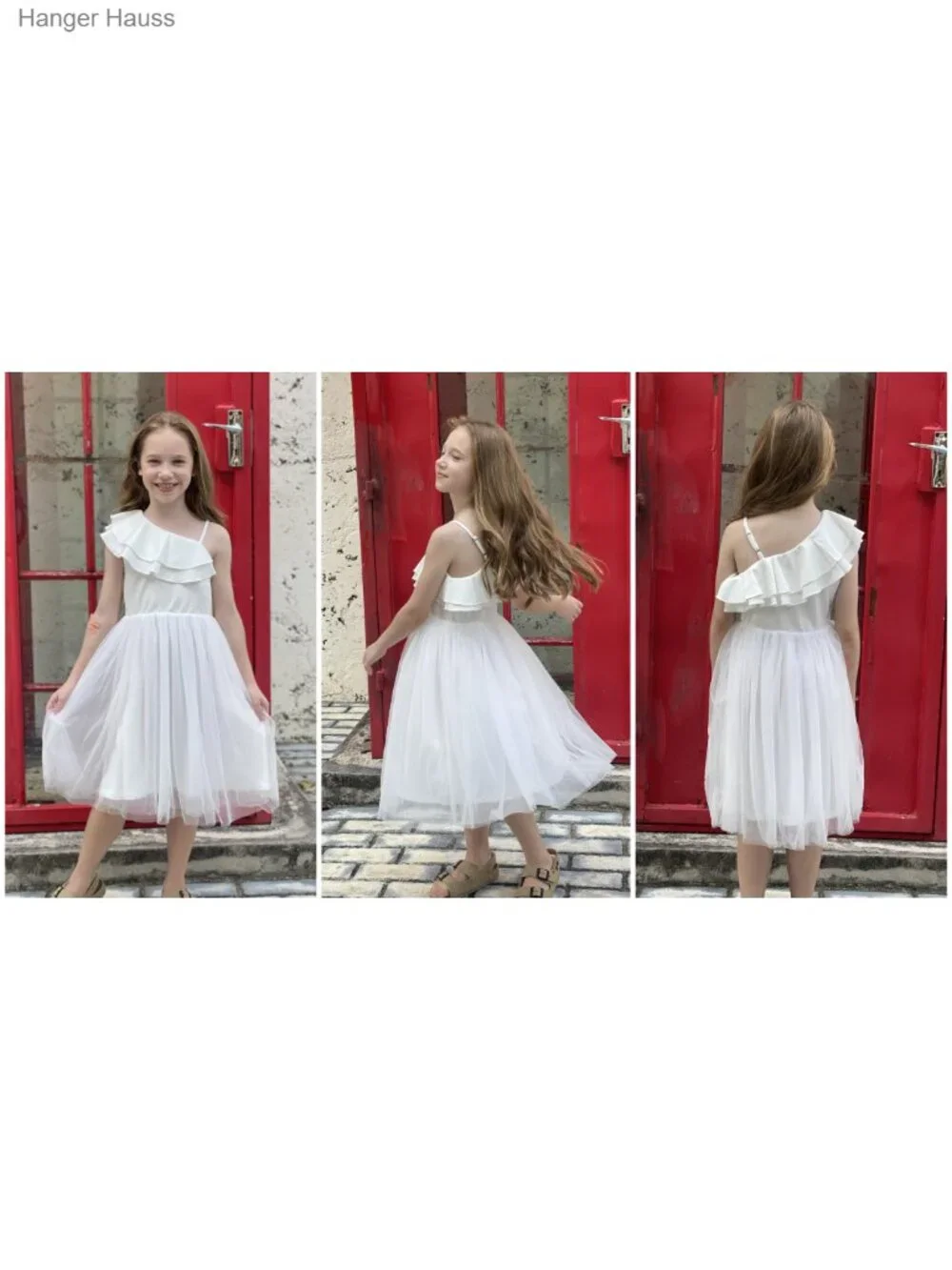 Girls Ruffle Trim Off Shoulder Formal Wedding Party Fancy Summer Tulle Dress